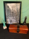 CITYSCAPE, WOOD BOX AND STATUES