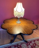 LAMP AND SCALLOPED EDGE WOOD TABLE