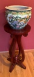 ASIAN STYLE PAINTED POT AND WOODEN STAND