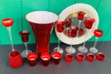 LARGE LOT OF RED GLASS CANDLEHOLDERS, VASE AND MIRROR