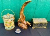 CARVED BIRD AND DECORATIVE BOXES