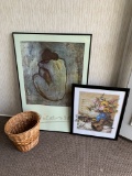 PICASSO PRINT, FLOWERS AND VIOLIN PRINT AND A BASKET