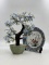 VINTAGE FAUX FLOWERING BONSAI TREE AND ASIAN PLATE WITH STAND