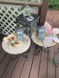 THREE OUT DOOR SMALL TABLES AND YARD ART