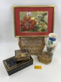 FRAMED BIRD AND PEONY ART, VASE, GLASS BOXES, LOCKBOX AND BASKET