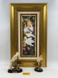 FRAMED PAINTING OF COCKATOO'S AND COCKATOO FIGURINES