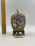 ASIAN FLORAL CERAMIC URN AND STAND