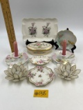 CHINA SERVING PLATES, BOX, CANDLESTICKS, AND MOTHER OF PEARL CANDLE HOLDERS