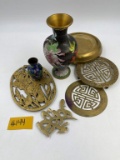 ENAMELED ASIAN VASES AND BRASS TRIVETS