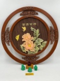 ASIAN CARVED WOOD AND FLOWERS WALL HANGING AND SMALL GREEN FIGURINES