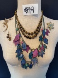 LEAF NECKLACE, BROOCHES AND BEADED STONE NECKLACE AND EARRING SET