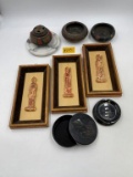 FRAMED ASIAN FIGURES, LACQUER BOX AND SMALL PLATES, INCENSE BURNER AND MORE