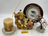 ASIAN FISHING FIGURINE, FRAMED PLATE, FAUX FLOWERING BONSAI AND CANDLE