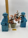 BLUE CHINESE GUARDIAN STATUES AND VINTAGE FLOWERING BONSAI