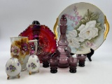 ANTIQUE CARNIVAL GLASS DISH, DECANTER SET AND FLORAL DISHWARE