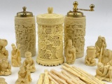 ASIAN FIGURINES, SALT AND PEPPER AND VINTAGE HORS D'OEUVRE FORKS