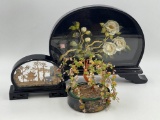 CARVED ASIAN ART IN UNIQUE CURVED SHADOWBOXES, BEADED WIRE BONSAI