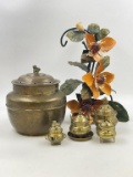 ANTIQUE BRASS INCENSE CENSERS AND PAINTED METAL FLOWERS