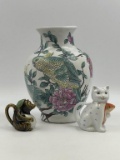 LARGE  PAINTED VASE AND VINTAGE ANIMAL CREAMERS