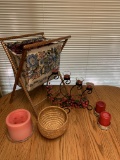 VINTAGE SEWING HAMPER, CANDLE HOLDER,