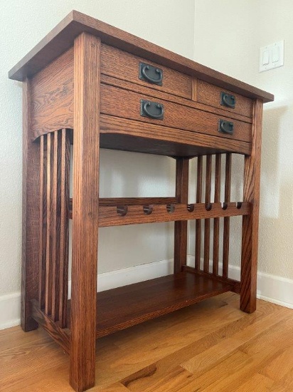 HOME FURNISHINGS: MISSION STYLE ENTRY TABLE WITH DRAWERS AND WINE STORAGE