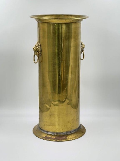 VINTAGE BRASS UMBRELLA STAND WITH DOUBLE LION HANDLES