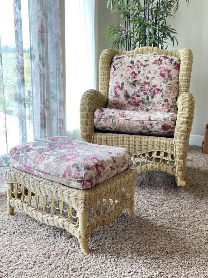 HOME FURNISHINGS: ROCKING WICKER CHAIR WITH OTTOMAN