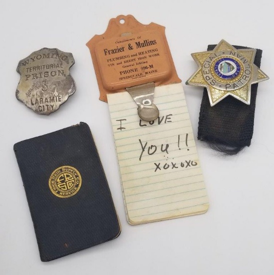OREGON SPECIAL PATROLMAN BADGE, REPRODUCTION WY BADGE, 1924, NOTEPADS & NOTEPAD HOLDER