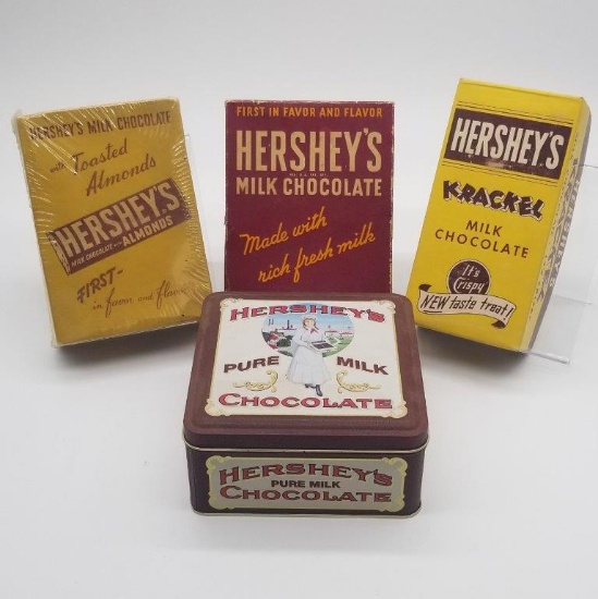 VINTAGE CARDBOARD HERSHEY'S BOXES, MADE IN USA & REPRODUCTION HERSHEY'S TIN