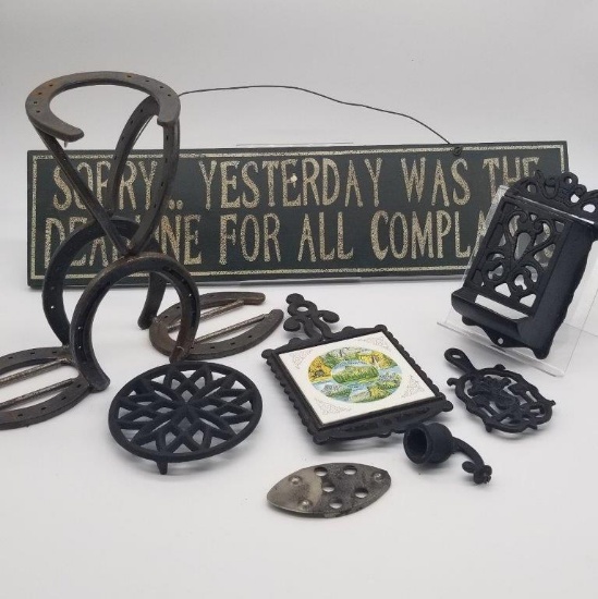 FREESTANDING HORSESHOE BOTTLE HOLDER, CAST IRON MATCHBOX HOLDER, TRIVETS AND SIGN