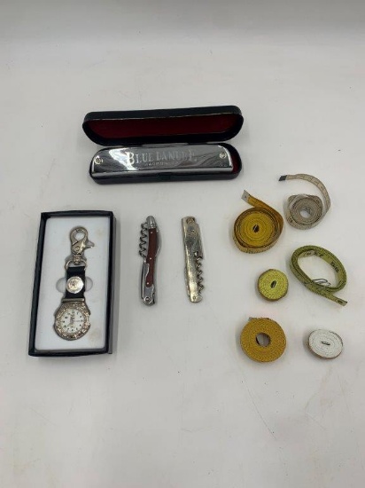 BLUE DANUBE HARMONICA, JCA CALIBRI POCKET WATCH, 2X POCKET KNIVES & MEASURING TAPE