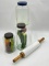 THREE GLASS KITCHEN JARS AND A MILK GLASS ROLLING PIN