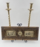 PAIR OF BRASS CANDLE STICKS AND FRAMED ART