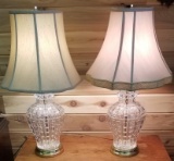 PAIR OF GLASS LAMPS WITH 2X DIFFERENT SHADES