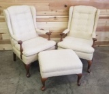 FURNITURE - 2X WHITE FABRIC ARMCHAIRS AND 1X FOOTSTOOL