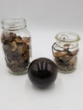 2X JARS FILLED WITH COLLECTED ROCKS AND STONE SPHERE/BALL