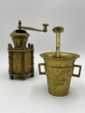 BRASS PEPPER GRINDER AND MORTAR AND PESTLE
