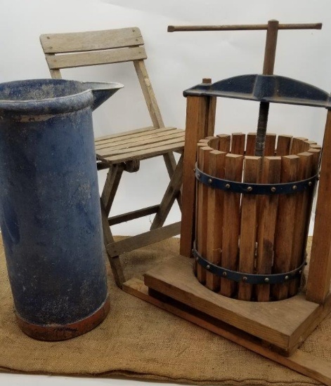 CIDER PRESS, SMALL WOODEN FOLDING CHAIR, LARGE MILKING BUCKET