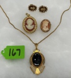 VINTAGE NECKLACE, CAMEO PENDANT AND EARRINGS