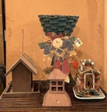 VARIOUS BIRD HOUSES, WALL HANGER, AND PLANT STAND