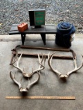 THREE ANTLER SETS, EXIT SIGN, SLEEPING BAG AND MORE