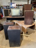 TWO TABLES, SPEAKERS, AND VINTAGE TV