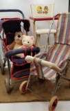 TWO DOLL STROLLERS AND HIGH CHAIR