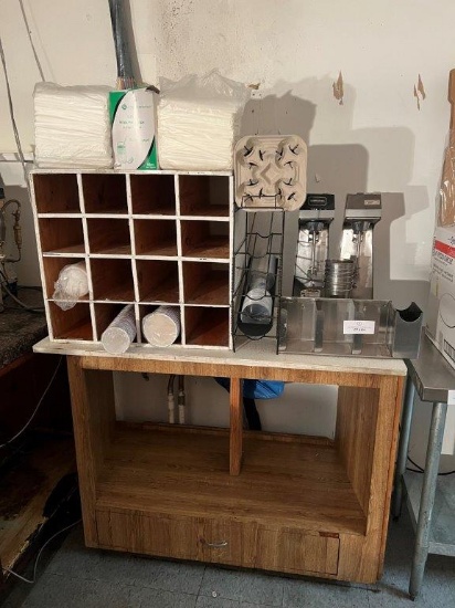 TWO HAMILTON BEACH MILK SHAKE BLENDERS, CABINET, WOOD ORGANIZER, AND PAPER SUPPLIES.