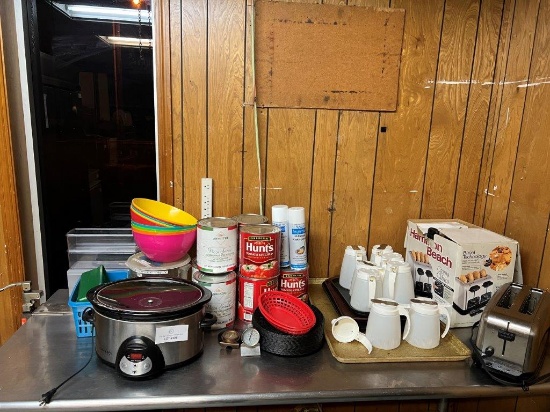 CROCK POT, TWO TOASTERS, TRAYS, CONDIMENT CONTAINERS, AND MORE