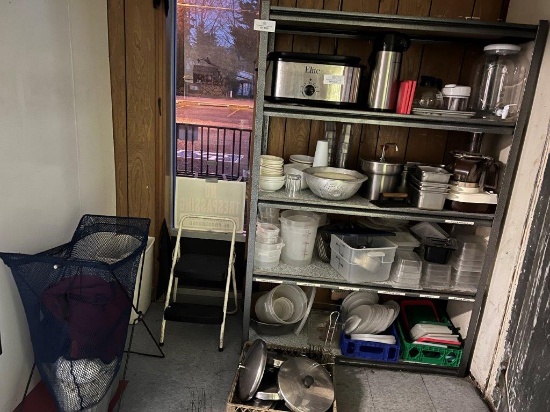 METAL STORAGE SHELF, STOOL, LAUNDRY HAMPER, AND SMALL TRASH CAN