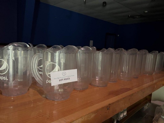 LARGE LOT OF PLASTIC PITCHERS, GLASS ROCKS AND SHOT GLASSES, BLENDER AND BAR SUPPLIES