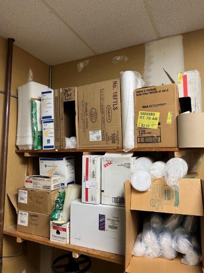 TWO SHELVES FILLED WITH RESTAURANT CONTAINERS AND SUPPLIES