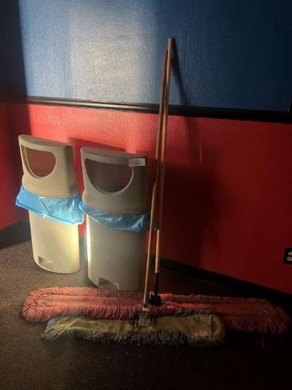 TWO PLASTIC GARBAGE CANS AND TWO PUSH BROOMS