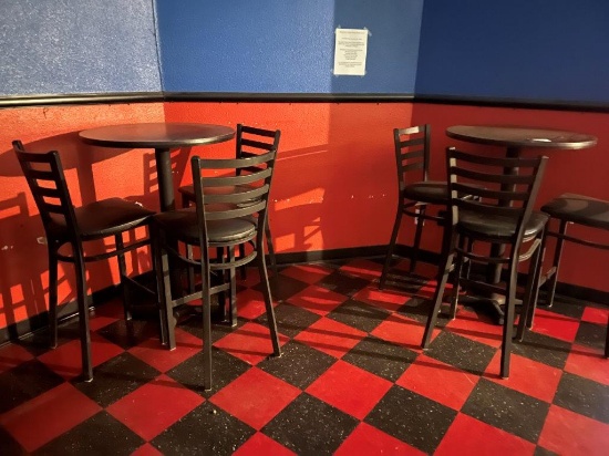 TWO TALL BISTRO TABLES WITH SIX CHAIRS